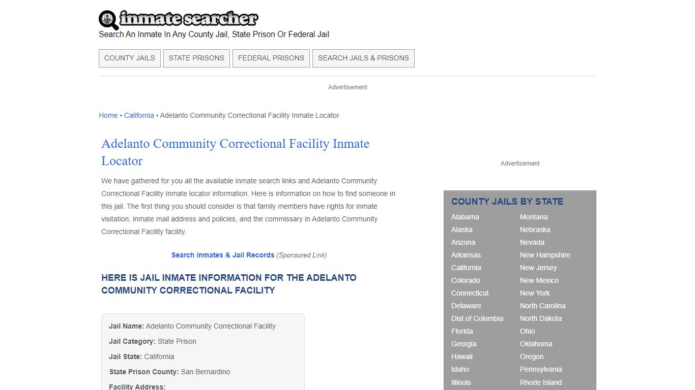 Adelanto Community Correctional Facility Inmate Locator - Inmate Searcher